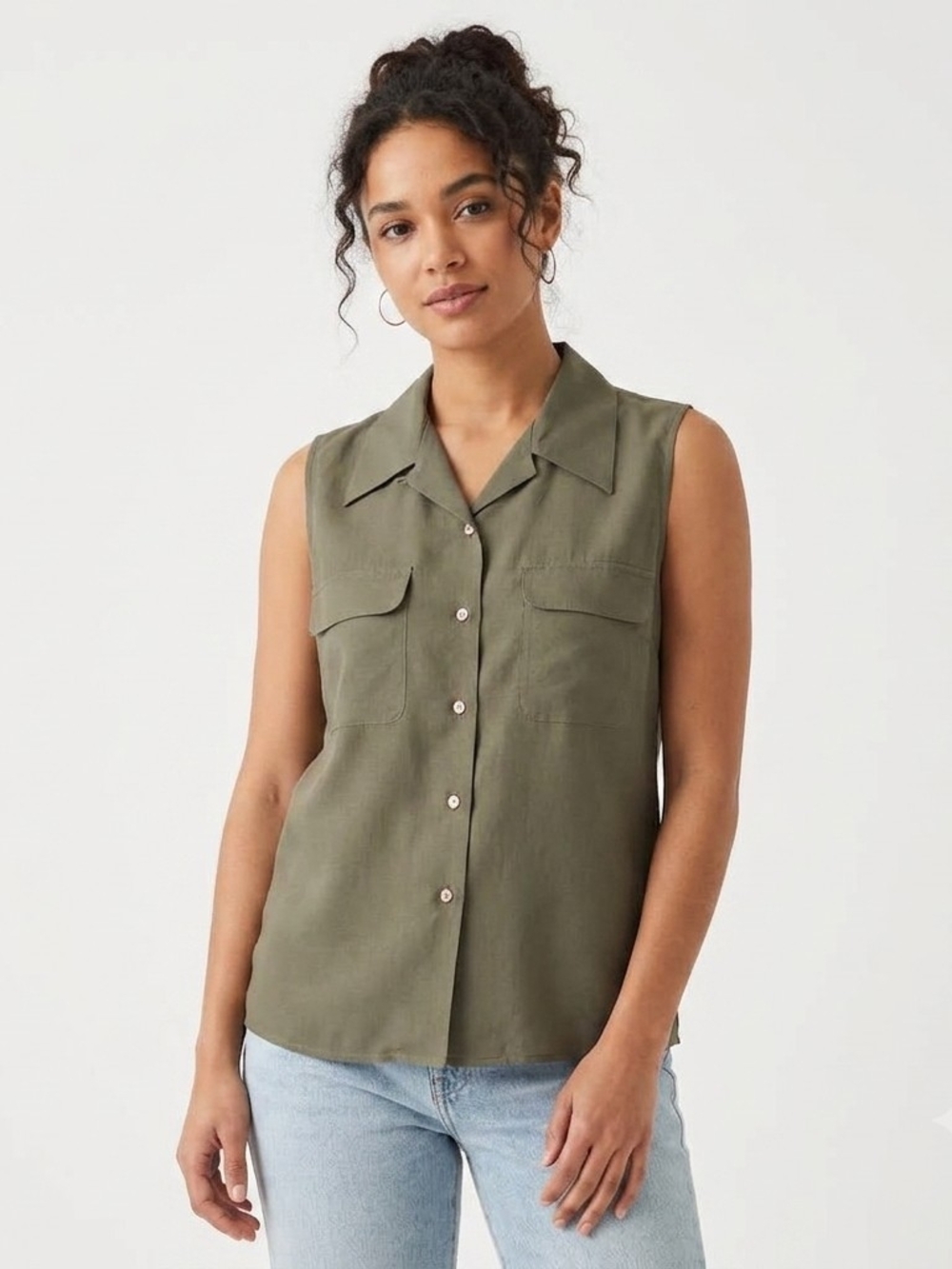 Vintage Backroad Blues 100% Silk Olive Green Sleeveless Button Up Blouse Size M